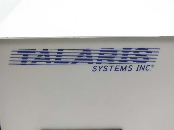 Talaris Systems Inc logo close-up — blue horizontal-stripe wordmark on top of beige printstation enclosure