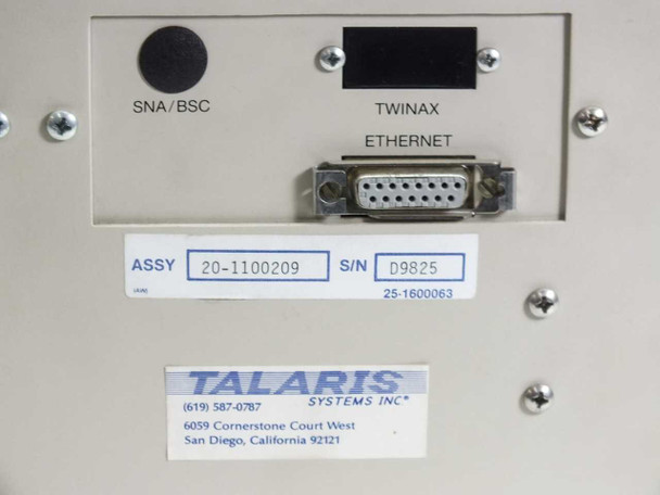Talaris Systems 20-1100209 Printstation — rear panel label showing ASSY 20-1100209, S/N D9825, ref 25-1600063, SNA/BSC port, Twinax port (covered), Ethernet DB15 connector, and Talaris Systems Inc San Diego CA address label