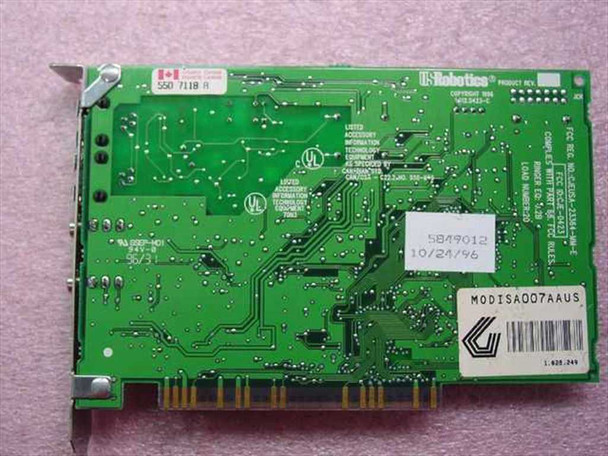 US Robotics TelePath 28.8 ISA modem card – reverse/solder side showing MODISA007AAUS part number label and manufacture date 10/24/96