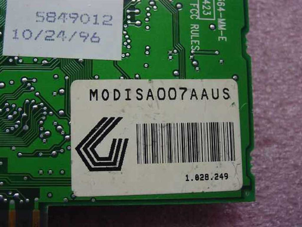 US Robotics MODISA007AAUS part number label close-up on reverse side of ISA modem card