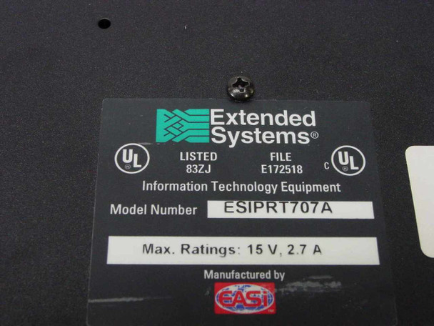 Extended Systems ESIPRT707A bottom label showing model number, 15V 2.7A max ratings, UL listing, and EASi manufacturer mark