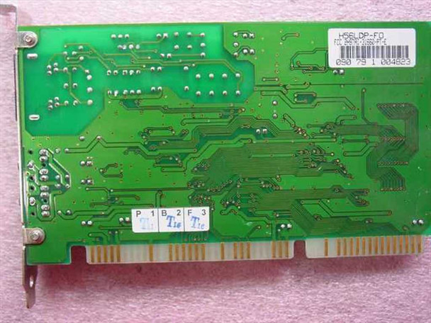 Lucent H56LDP-F0 ISA modem card — PCB solder side (bottom) showing H56LDP-F0 label, FCC ID 2H9TAI-31660-PT-E, and ISA edge connector