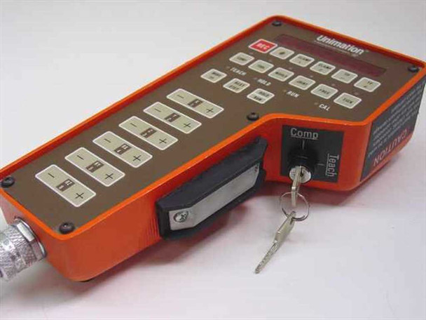 Unimation 3D32488G02 Teach Pendant – side view showing key switch, Comp/Teach selector, and cable strain relief