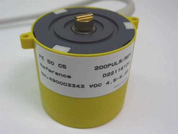 FSI PE 60 C5 D22116100 rotary encoder side view – yellow cylindrical body with label reading PE 60 C5, 200PULS/REV, Reference D22116100, SN 490003343, VDC 4.5–5