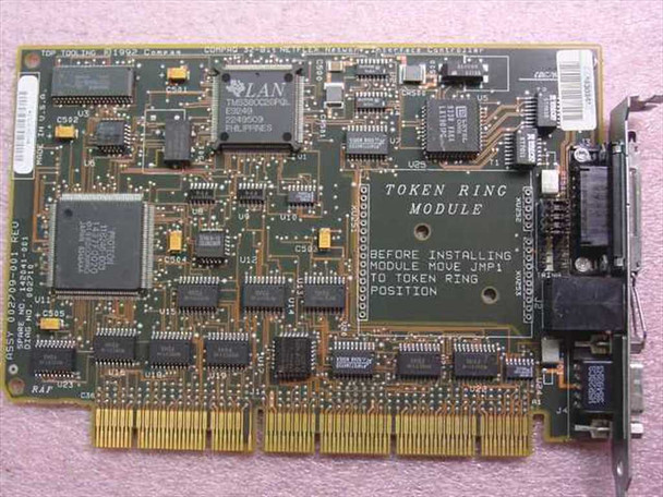 Compaq NetFlex 142041-001 – top component side showing TI LAN chip, Token Ring Module label with jumper instruction, and EISA gold edge connector
