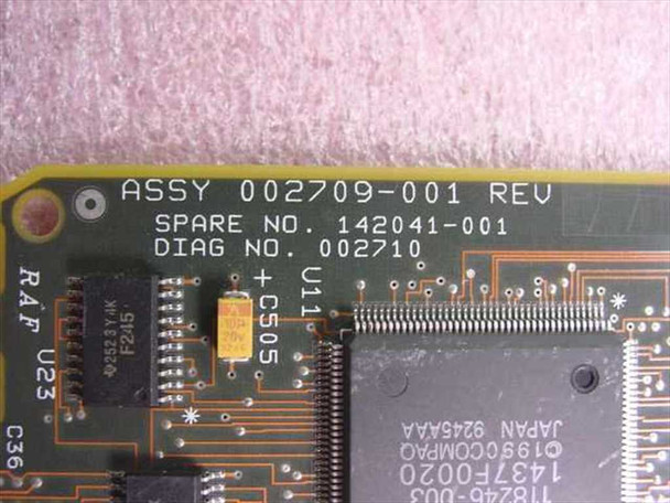 Compaq NetFlex 142041-001 – close-up of PCB edge label: ASSY 002709-001, SPARE NO. 142041-001, DIAG NO. 002710