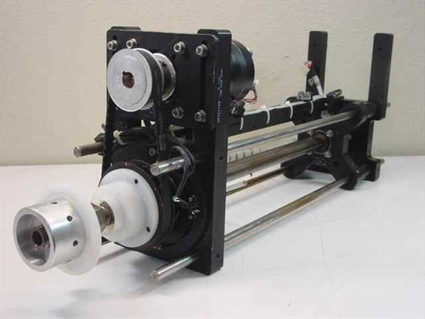 Mycom BRA85-10 apparatus – left-side view showing timing belt pulley, white hub, and lead-screw linear rail assembly