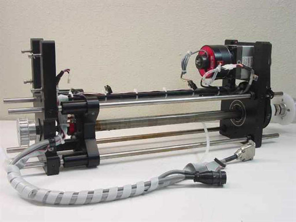 Mycom BRA85-10 stepper motor jig rotator apparatus – full assembly right-side view showing rails, motor, and wiring harness