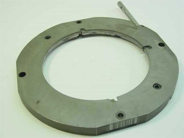 Top-down view of ring stage showing mounting hole pattern and barcode label on underside