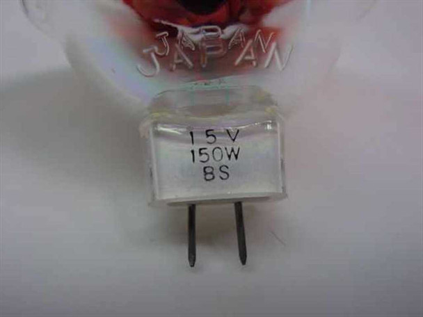 Hayashi JCR15V-150WBS lamp base close-up showing 15V 150W BS rating stamp and GX5.3 two-pin connector, Made in Japan