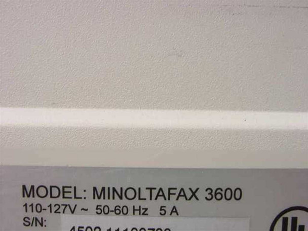 Minolta Minoltafax 3600 rating label – MODEL: MINOLTAFAX 3600, 110-127V 50-60 Hz 5A with serial number visible