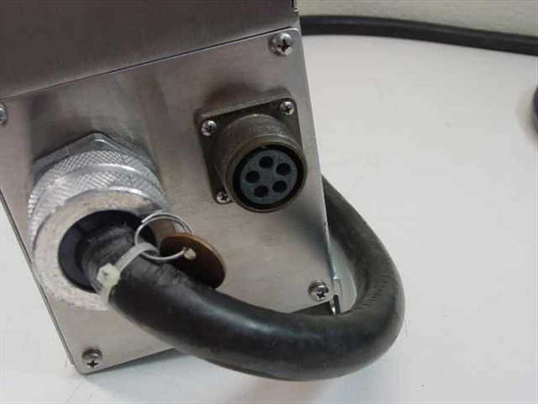 IVS Accuvision 200 – bottom corner detail showing twist-lock power inlet and 5-pin circular connector with attached cable