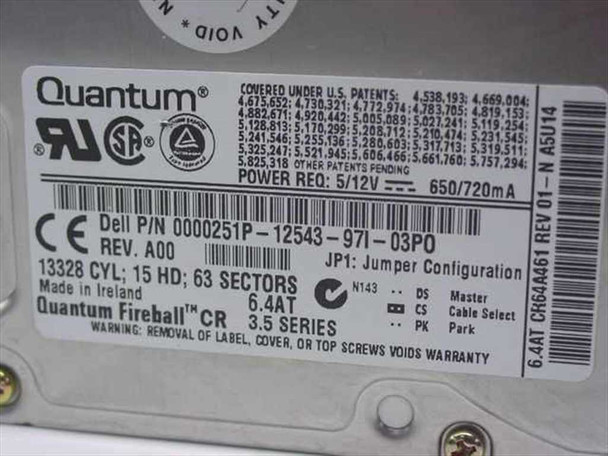 Quantum Fireball CR 6.4AT label close-up showing Dell P/N 0000251P, Rev A00, power requirements, jumper config, and Made in Ireland markings