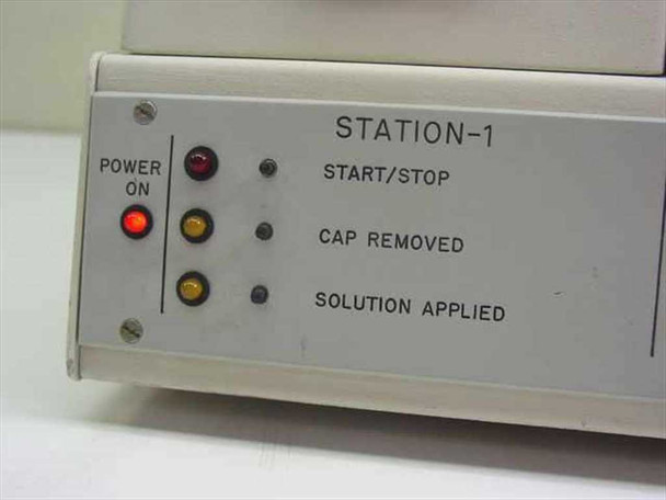 Elite Engineering Electrode Test Station — close-up of Station 1 front panel showing Power On, Start/Stop, Cap Removed, and Solution Applied indicators