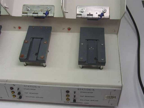 Elite Engineering Electrode Test Station — top view of Stations 4 and 5 with lids open showing electrode fixtures; Station 5 label reads Elite Engineering Corp