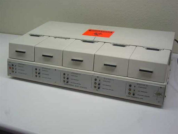 Elite Engineering 5-Station Electrode Test Station — front view showing all five station modules with lids closed and red safety sticker