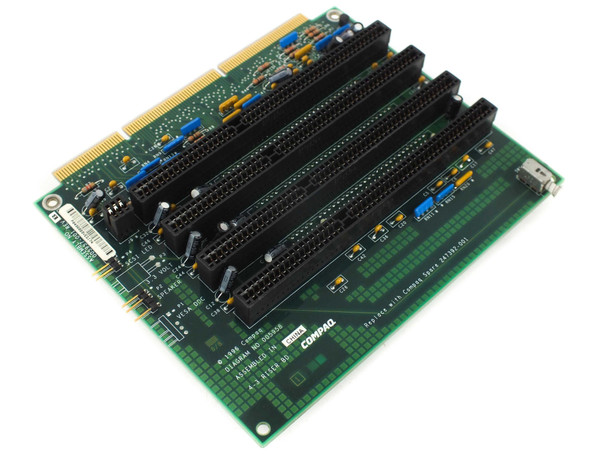 Compaq 247392-001 riser board for Deskpro 4000 — angled top view showing ISA and PCI expansion slots with Compaq logo
