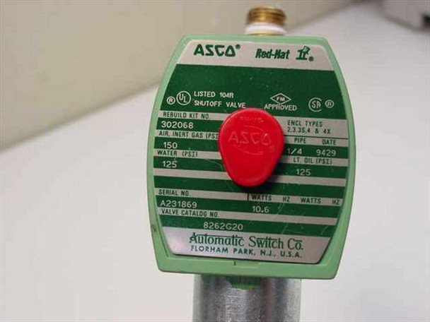 ASCO 8262G20 Red-Hat II solenoid valve — label plate showing model 8262G20, 24V coil, 125 PSI max, 1/4 pipe, UL and FM approvals, Automatic Switch Co. Florham Park NJ