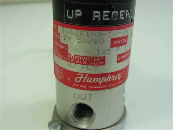 Humphrey T062E1-3-10-35 label closeup showing model number, 24V 4.5W, 0-125 PSI, continuous and intermittent duty ratings, and OUT port
