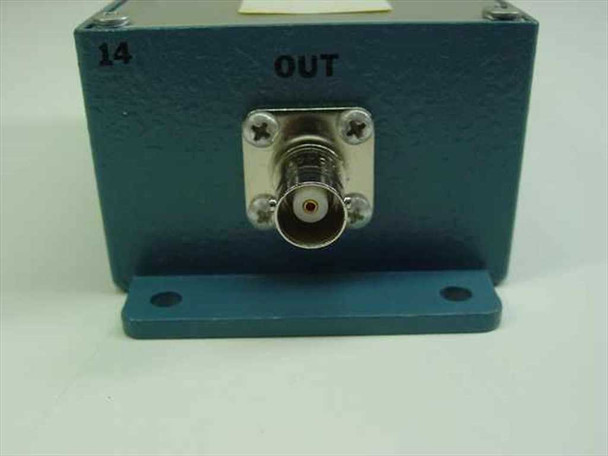 Output end of 8.5 MHz Bessel filter showing panel-mount BNC female connector labeled OUT, number 14 visible on corner