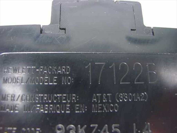 HP 17122B label closeup showing Hewlett-Packard model number, AT&T 3301A2 manufacturer, and Made in Mexico marking