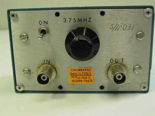 Pomona Electronics 3.75 MHz band pass filter – top front panel view showing 3.75MHZ label, ON switch, BNC IN and OUT ports, rotary control, Scope-Teka calibration sticker dated Feb, and handwritten S/N 031