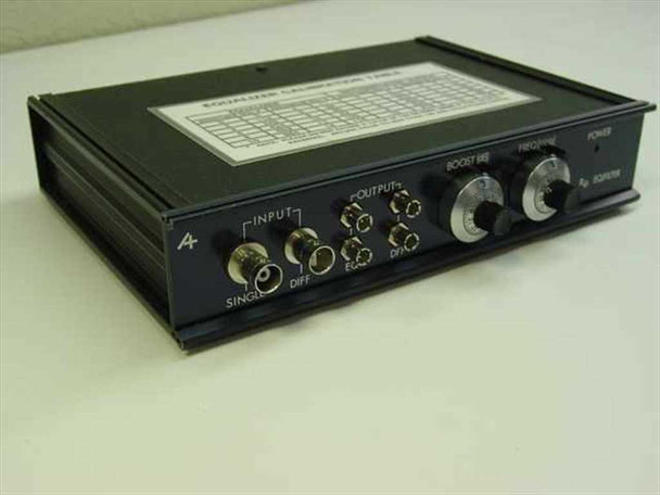 ARD RD EQ/Filter RF signal equalizer front and top panel view showing BNC input/output connectors, dB Boost and MHz Frequency control knobs, and calibration table label