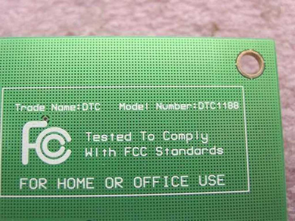 DTC DTC1188 PCB label closeup — FCC compliance marking, trade name DTC, model number DTC1188