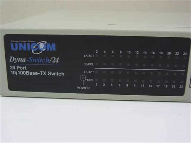 Unicom Dyna-Switch/24 front panel close-up showing Unicom branding, model label, and LED status indicators for all 24 ports