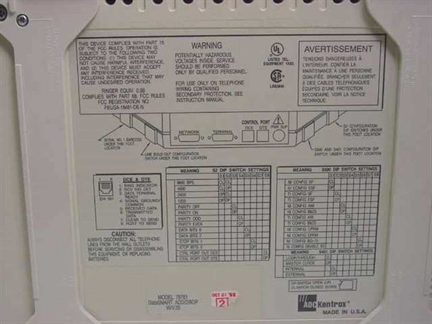 ADC Kentrox 78761 DataSmart T1 Add/Drop — bottom label showing FCC compliance, DIP switch settings chart, model 78761 designation, and UL listing