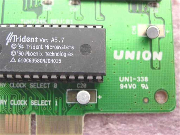 Union UNI-338 PCB close-up showing Trident BIOS chip Ver. A5.7 copyright 1994, UNI-338 and 94V0 UL markings on board