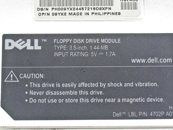 Dell 09YXE rating label showing Floppy Disk Drive Module type 3.5-inch 1.44MB, input rating 5V 1.7A, and Dell logo