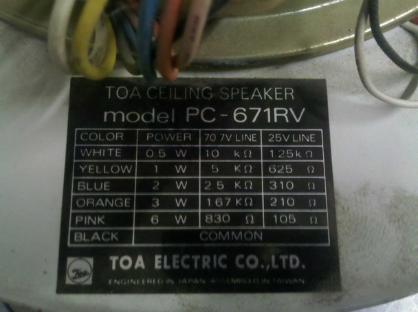 TOA PC-671RV rating plate – model number, power taps, and impedance values for 70V and 25V line operation