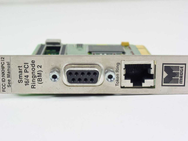 Madge Smart 16/4 PCI Ringnode bracket detail showing FCC ID NKHPC12, DB9 connector, and Token Ring RJ45 port with Madge logo
