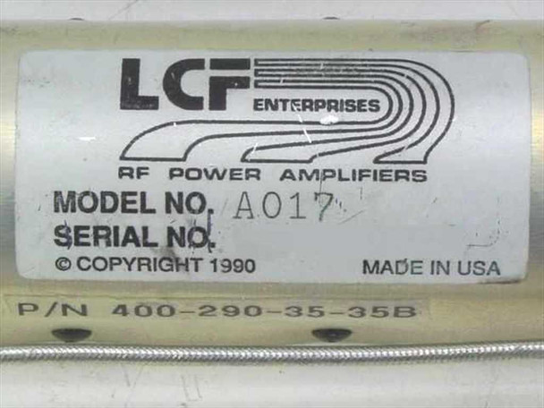 LCF Enterprises A017 label close-up showing model number A017, copyright 1990, Made in USA, and part number 400-290-35-35B