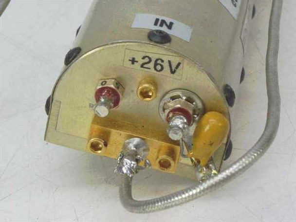 LCF Enterprises A017 RF amplifier input end showing +26V DC power supply terminal, input SMA port labeled IN, and internal PCB with gold RF circuitry