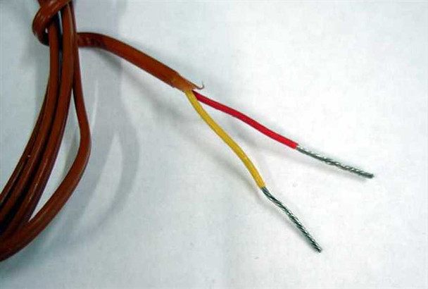 Omega KTSS-14U-18 thermocouple bare wire leads showing yellow and red conductors with brown outer insulation jacket
