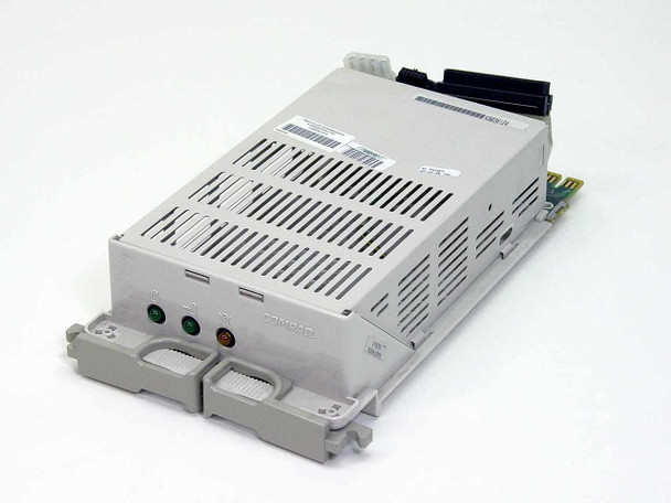 Compaq 199656-001 hot-plug SCSI hard drive caddy — angled front view showing green and amber LEDs and dual locking handles