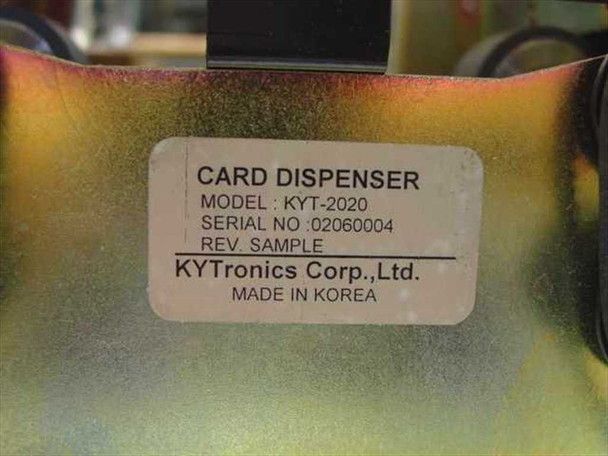 KYTronics Corp KYT-2020 Card Dispenser label showing Model KYT-2020, Serial No 02060004, Rev SAMPLE, Made in Korea