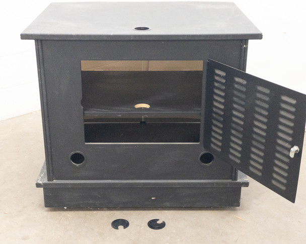 Multimedia TV cabinet – right side view with one door open showing interior shelf and two loose cable port grommets on floor