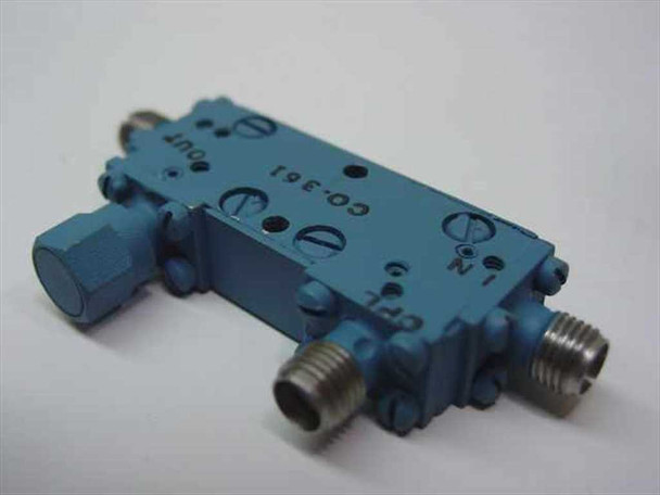 Triangle Microwave CO-361 Directional Coupler — angled top-rear view showing OUT port label and IN port SMA connectors
