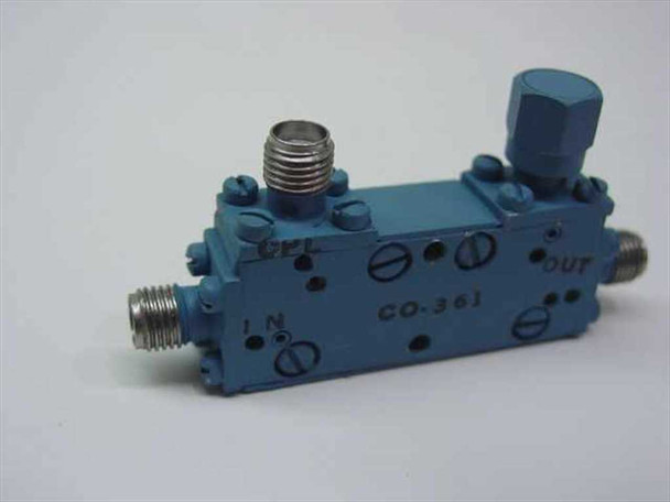 Triangle Microwave CO-361 Directional Coupler — angled front-left view showing CPL port on top, IN and OUT SMA ports on body