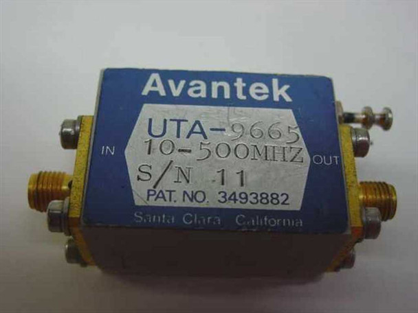 Avantek UTA-9665 RF amplifier – front label close-up showing model UTA-9665, 10-500MHz, S/N 11, Pat. No. 3493882, Santa Clara California