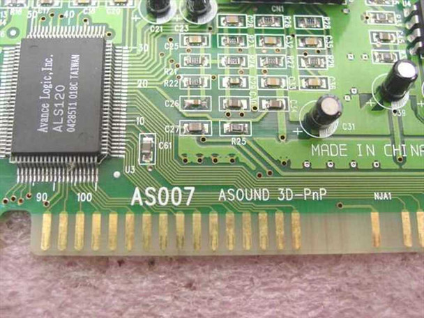 AOpen AS007 PCB close-up showing Avance Logic ALS120 audio chipset and ASOUND 3D-PnP silkscreen label