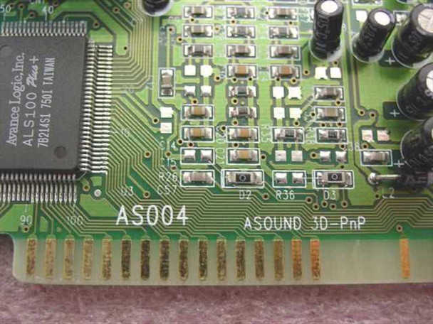 Asound AS004 PCB close-up showing Avance Logic ALS100 Plus chip markings and ASOUND 3D-PnP silkscreen