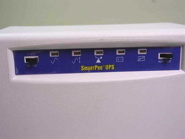 Tripp Lite SmartPro UPS front panel close-up showing blue SmartPro UPS label, status LED indicators, On/Off and Mute/Test buttons