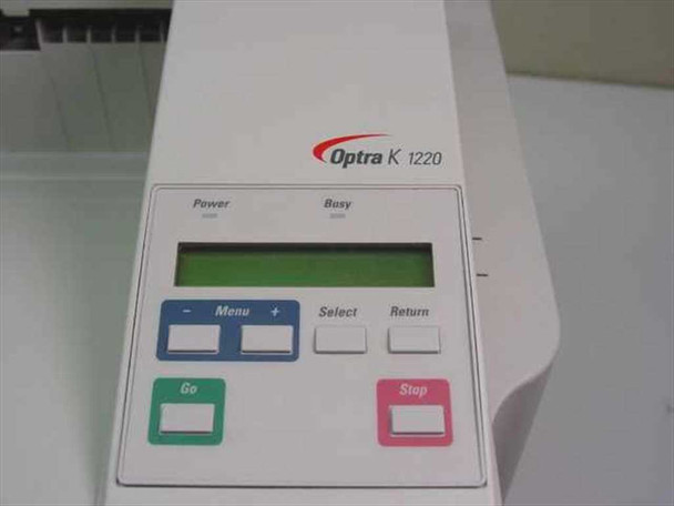 Lexmark Optra K 1220 control panel close-up showing LCD display, Menu, Select, Return, Go, and Step buttons