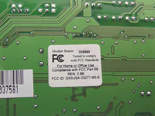 Creative Labs DI5660 Modem Blaster rear label showing FCC ID GX5USA-33277-M5-E, REN 0.8B, and FCC Part 68 compliance markings