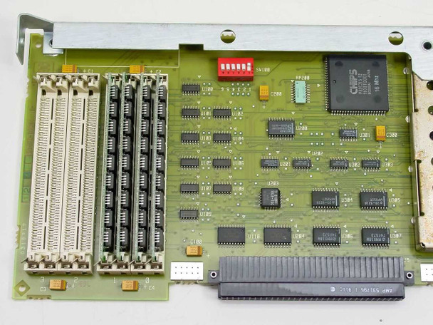 HP D1470-60034 top PCB detail showing Intel 386SX-16 area, CHIPS ICs, DIP switch SW100, and edge connectors