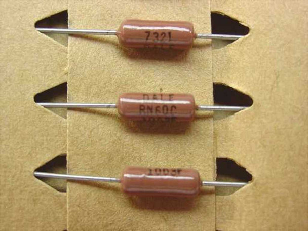 Dale RN60C CMF-60 close-up showing body markings: date code 7321, DALE RN60C, and resistance code 1003F